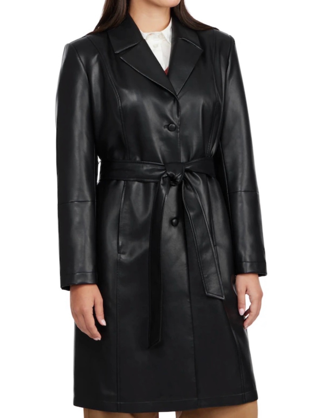 Badgley Mischka Vegan Leather Belted Black Trench Coat